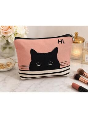 Cute Pink White and Black Cat Print Canvas Zipper Pouch/Makeup Bag